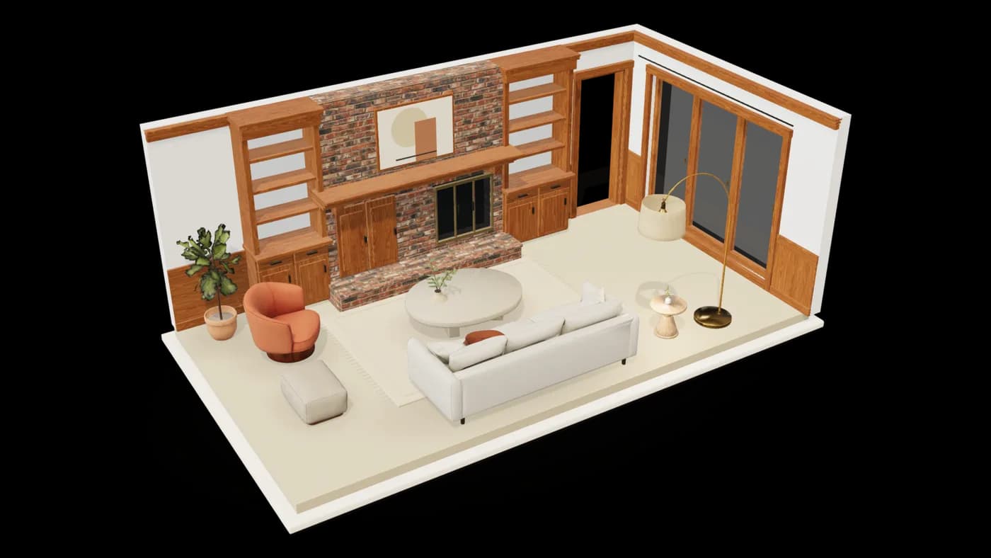 The living room rebuilt from two photos as a furnished 3D cutaway